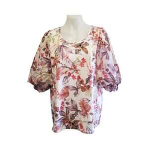 Chico's Size 3-XL Tropical Floral Print Puff Dolman Sleeve Cotton Knit Blouse